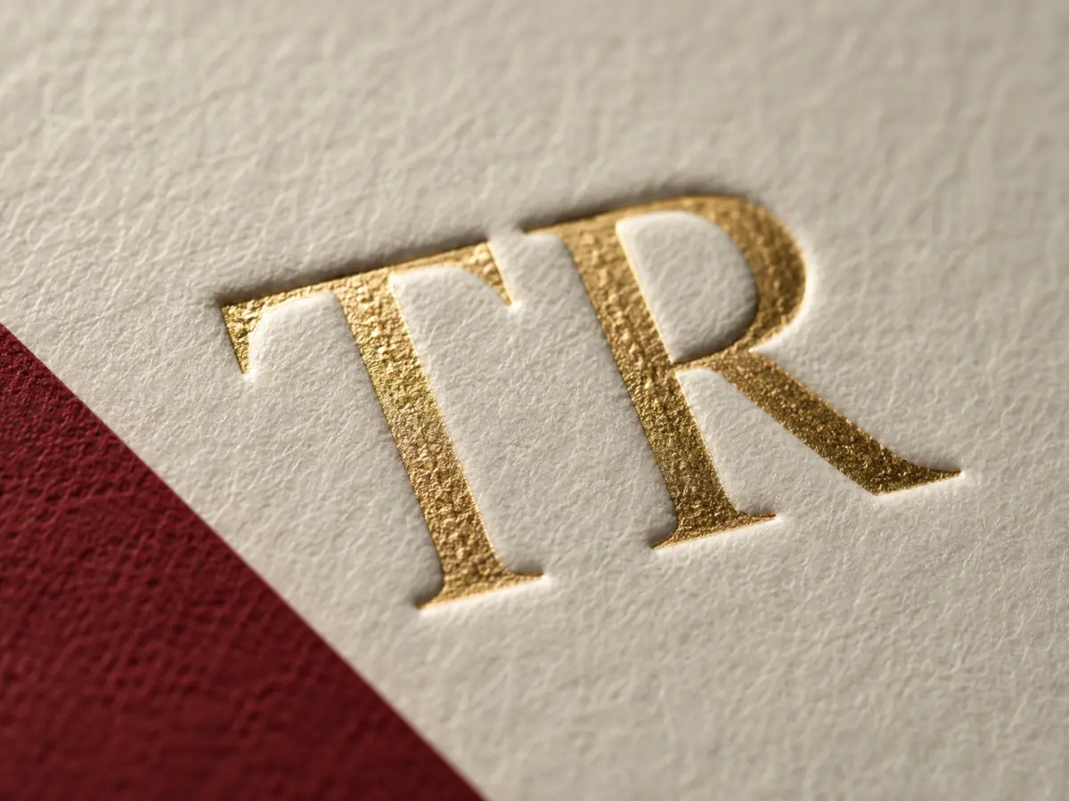 Macro photograph of gold foil letters pressed into bone paper beside an oxblood leather edge