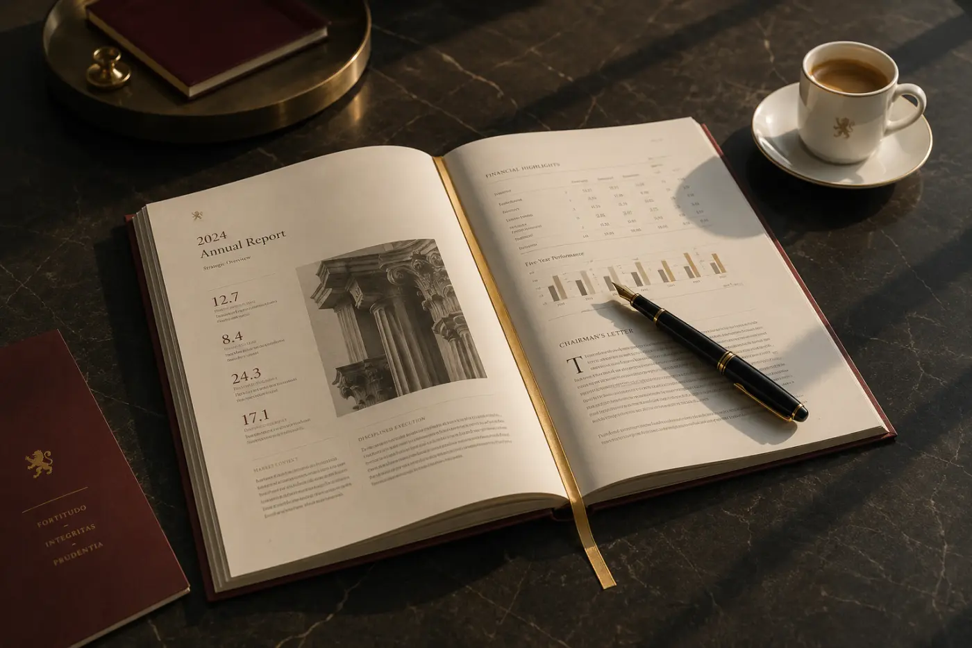 An annual report open on a stone boardroom table with a fountain pen, gold ribbon and espresso cup