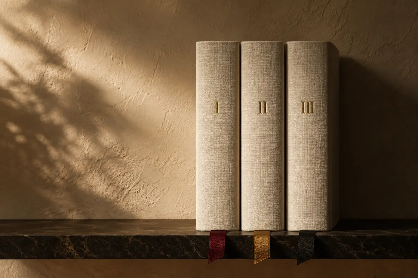 Three volumes bound in bone cloth, spines numbered one to three, each with a different ribbon