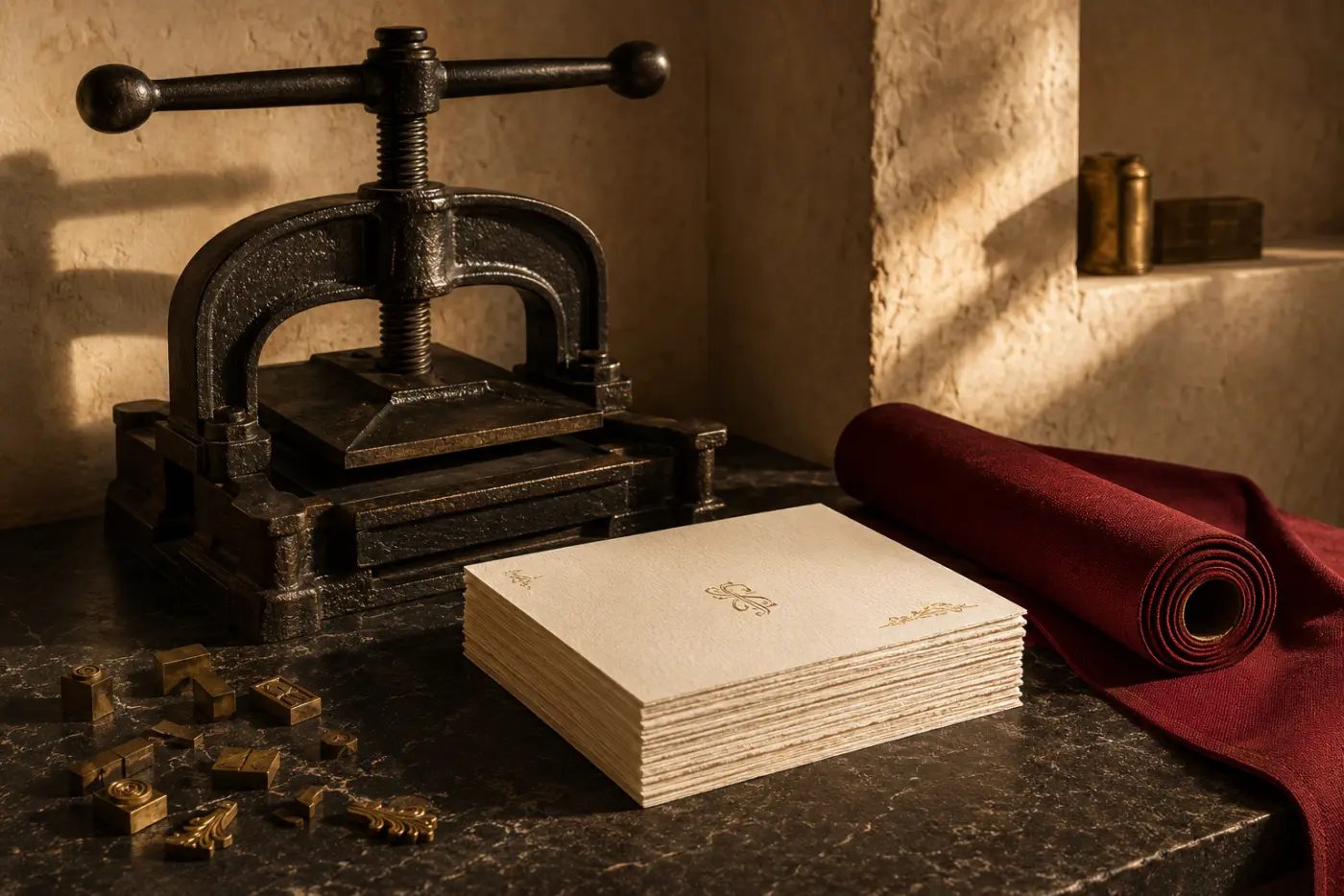 A printing workshop table: a cast-iron hand press, pressed bone sheets with gold marks, a roll of oxblood cloth